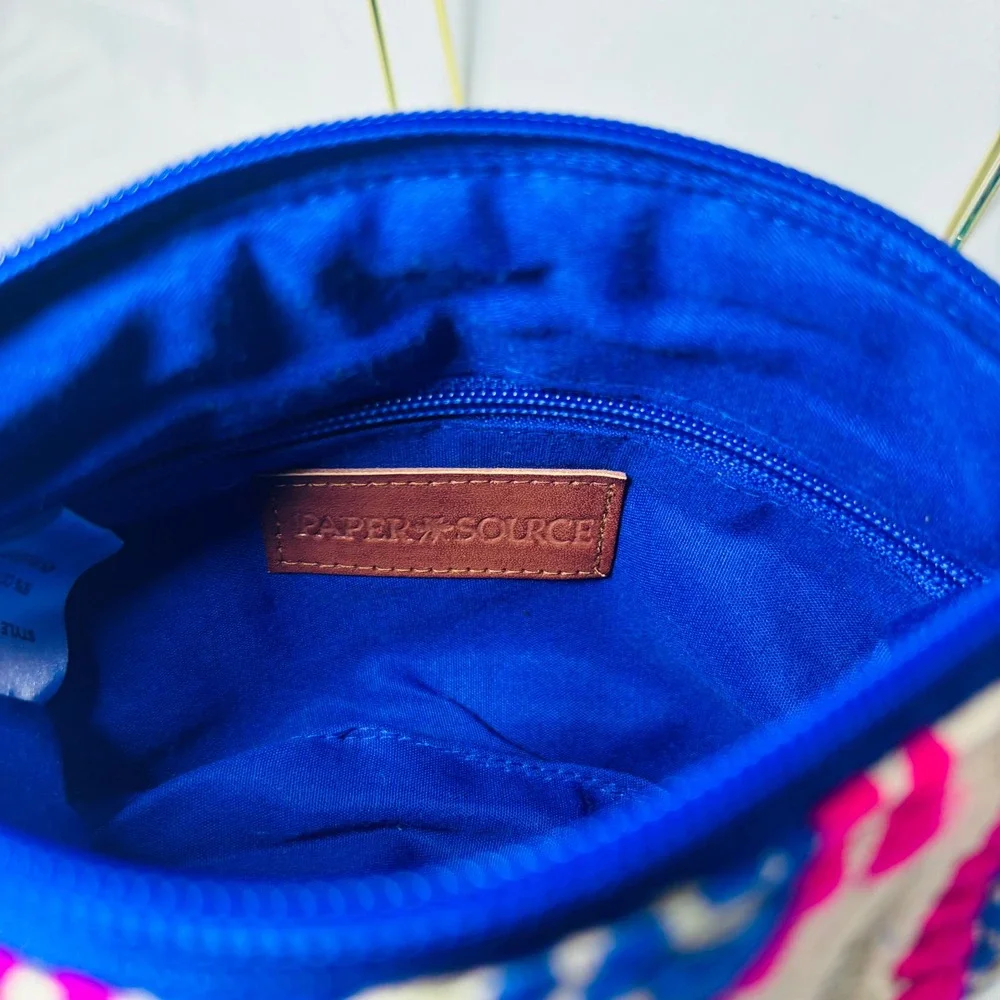 Paper Source Embroidered Pom Pom Crossbody Bag Blue Pink Boho Geometric Clutch
